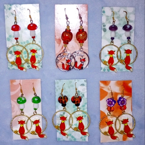 Fox Circle Mushroom Flower Beaded Handmade Unique Sparkly Hoop Earrings - Picture 1 of 7